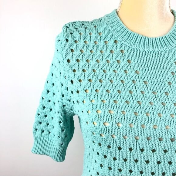 Women's Joe Fresh Perforated Knit Crew Neck Short Sleeve Sweater Sz L Turquoise - Picture 7 of 11